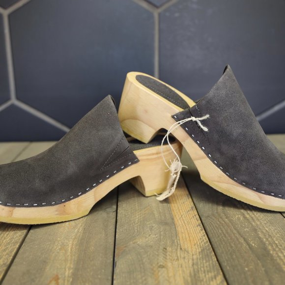 Womens Rag & Co Darcie Grey Suede Wooden Clogs Handmade Mule Lotta Swedish Shoe - Picture 2 of 8
